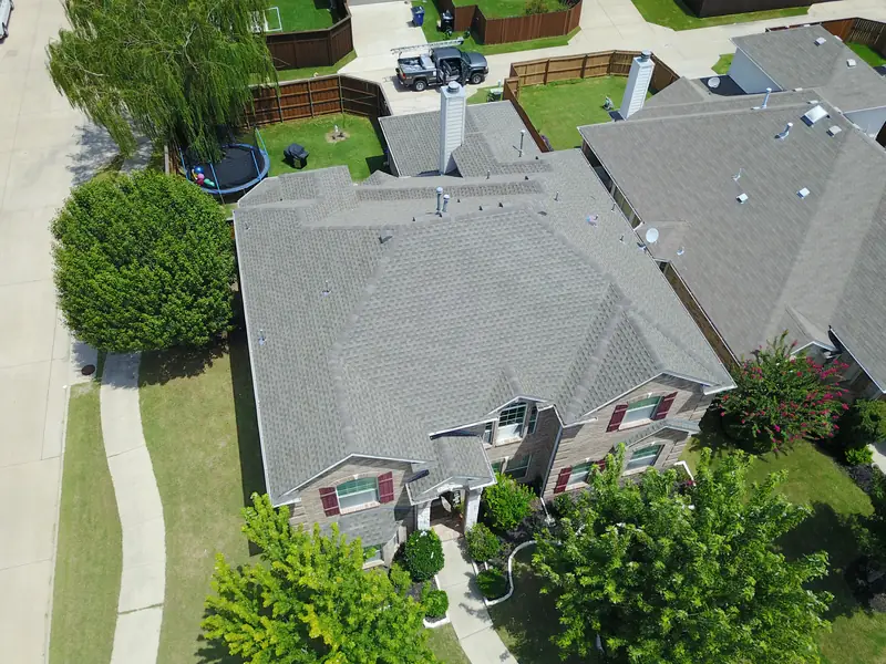 Aerial view of a finished Kilker roof in Frisco
